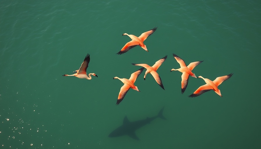 Flamingos flying over water with shark shadow.
