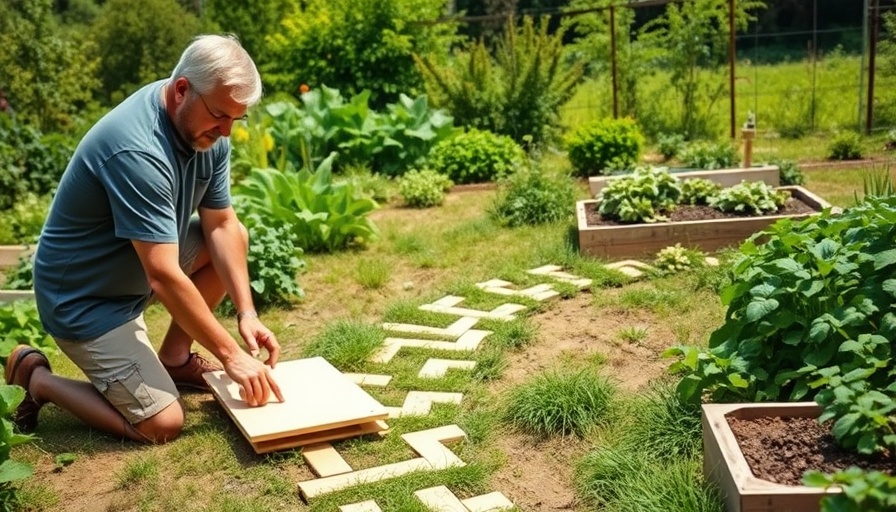 Man creating a DIY garden path with foam boards in a beautiful garden.
