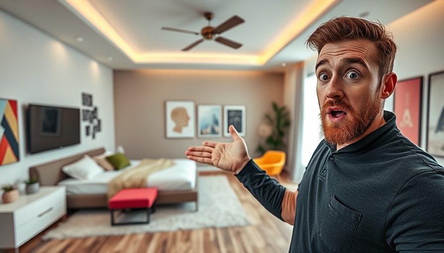 Surprised man with modern bedroom background highlighting value increase in home sale.