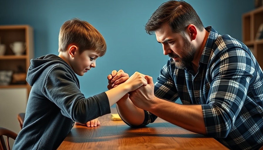Focused child and father arm wrestling, emotionally charged scene indoors.