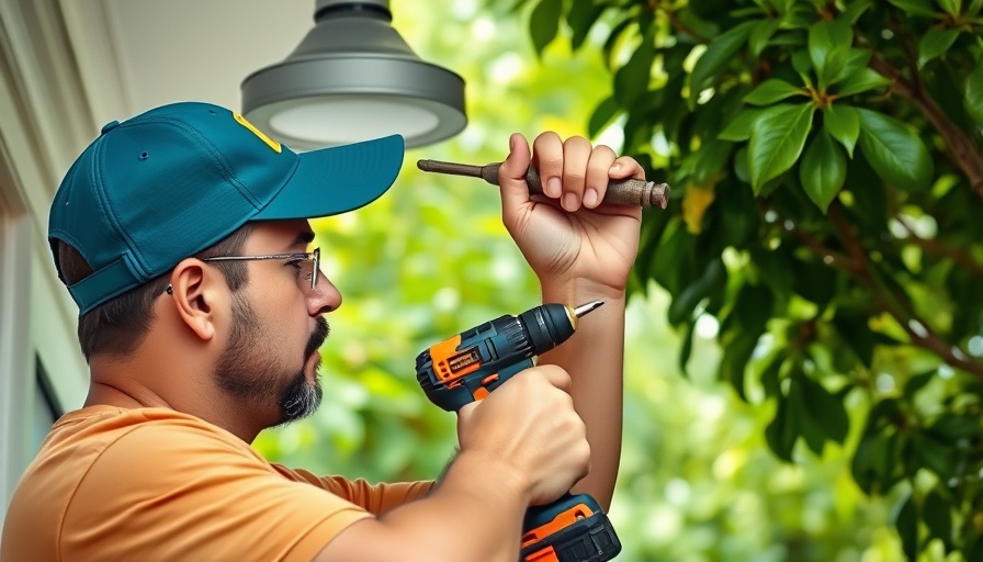 DIY enthusiast in cooling gear working outdoors, adjusting light.
