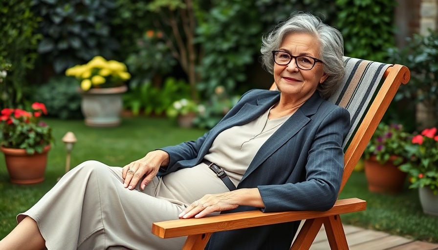 Fashionable older woman over 60 relaxing in garden setting.