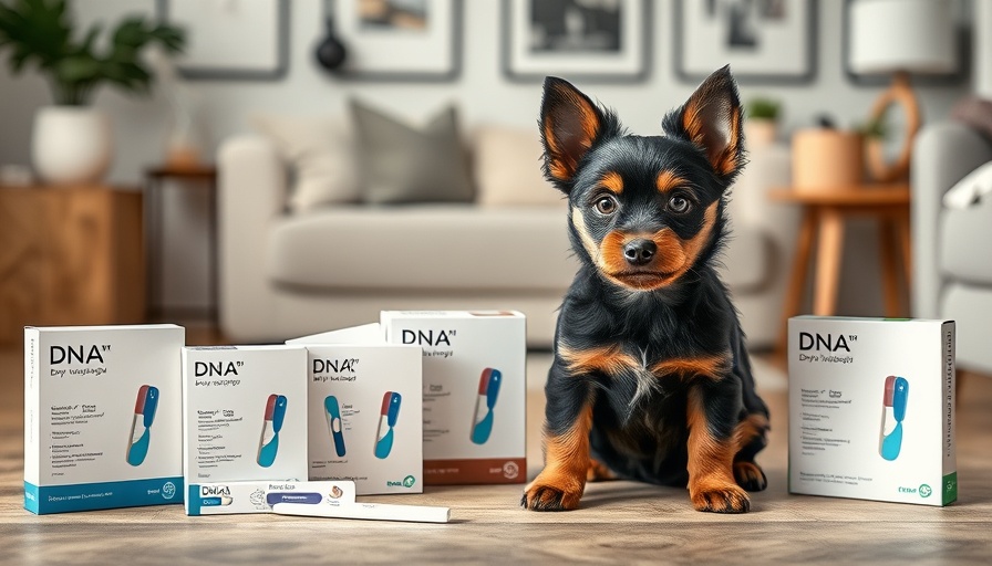 Rescue dog next to DNA test kits on a table.