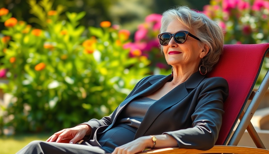 Stylish woman over 60 relaxing in garden showcasing fashion