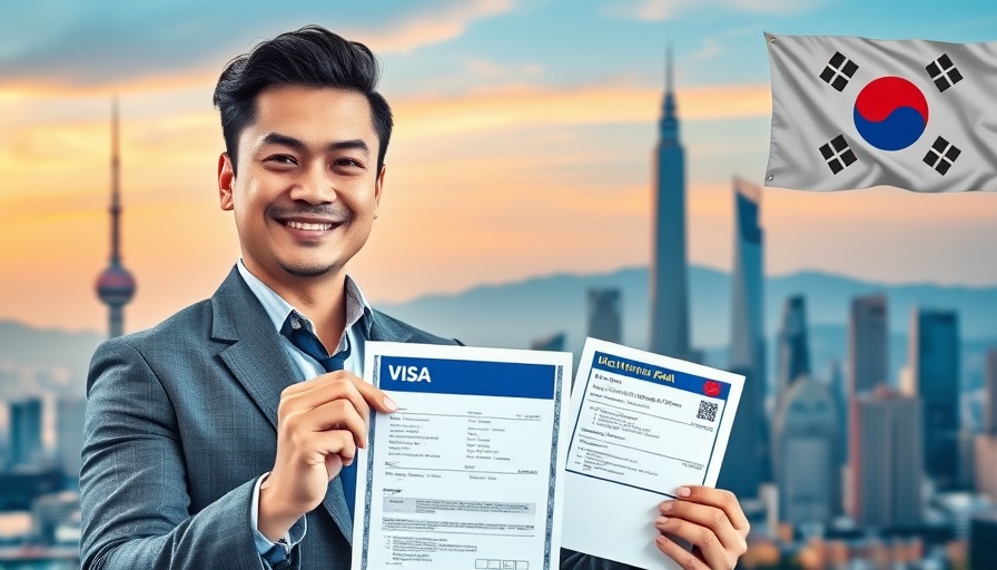 Businessman with documents in front of a cityscape promoting South Korea E7 Visa process 2025