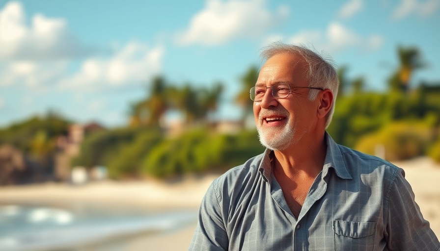 Man discussing at a beach, Master's swimming context.