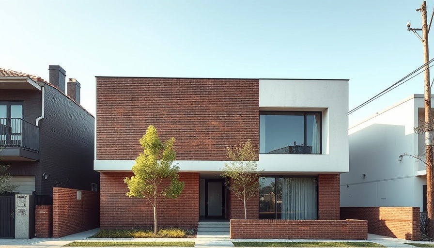 Modern minimalist house with unique brick facade in urban setting.