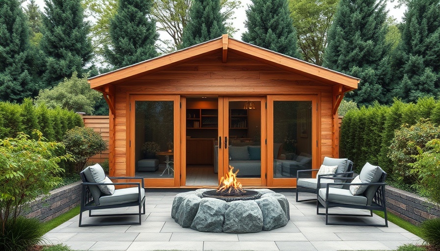 Modern wooden shed in garden with patio and firepit, ideal for buying a shed kit.