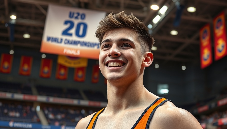 Young wrestler smiling at U20 World Championships backdrop, finals preparation.
