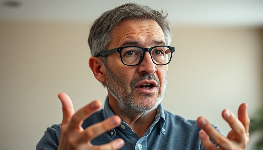 Speaker discussing a topic, expressive gestures in an indoor setting.