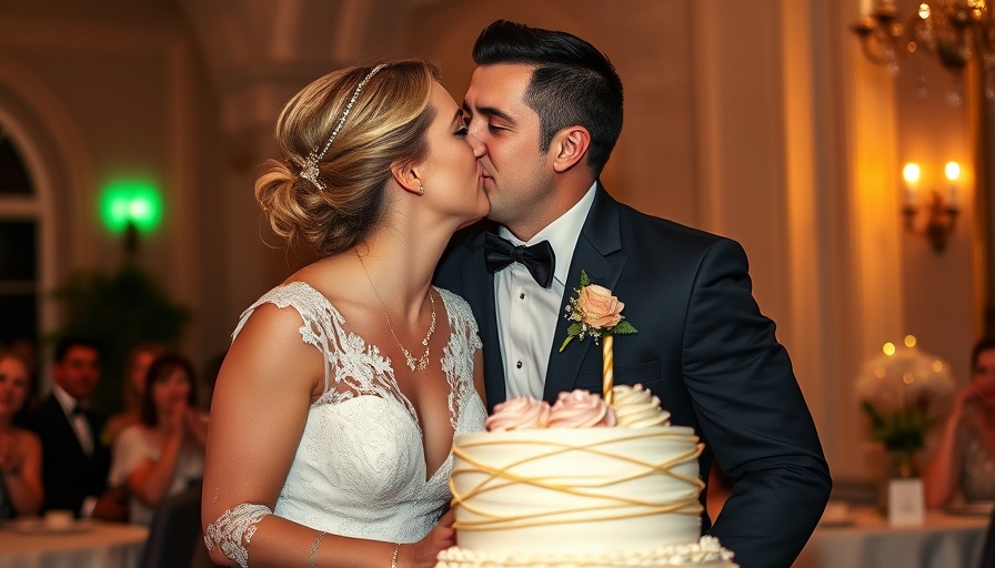 Couple celebrating wedding milestone with a kiss and cake.