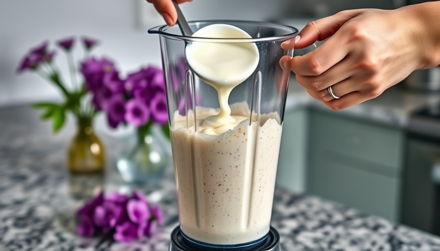 Preparing high-protein pineapple coconut smoothie with Greek yogurt.
