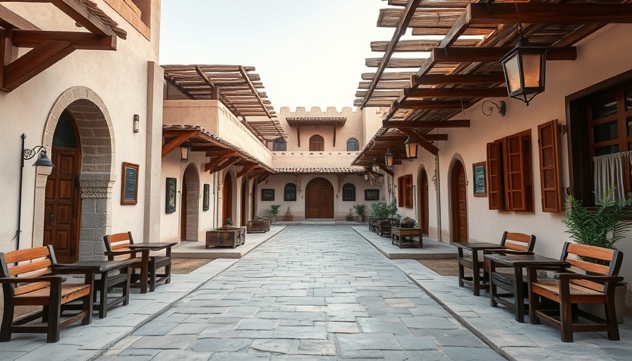 Transformation of Souq Wakrah with traditional architecture and palm trees.