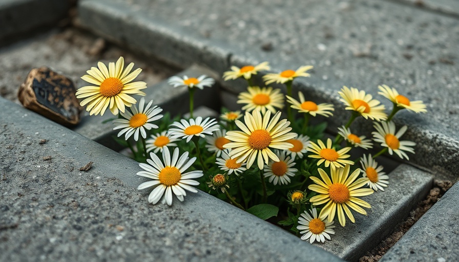 Daisies thriving in concrete, symbolizing resilience like maintaining consistency with ADHD.