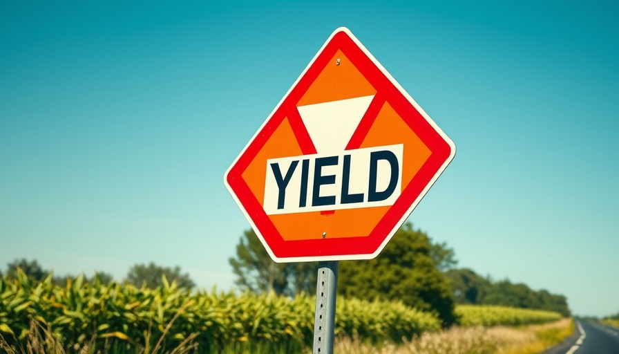 Yield road sign illustrating right of way laws, rural setting.