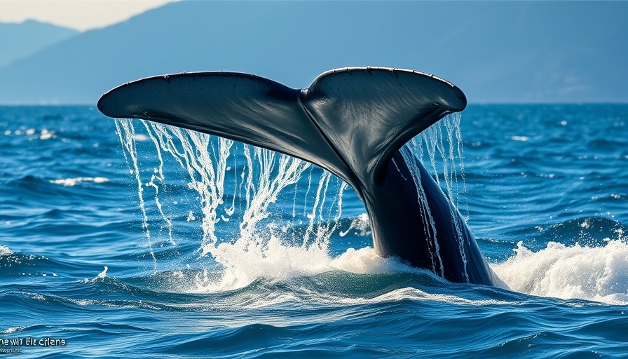 Whale tail splash in ocean under blue sky, global trade and climate change.