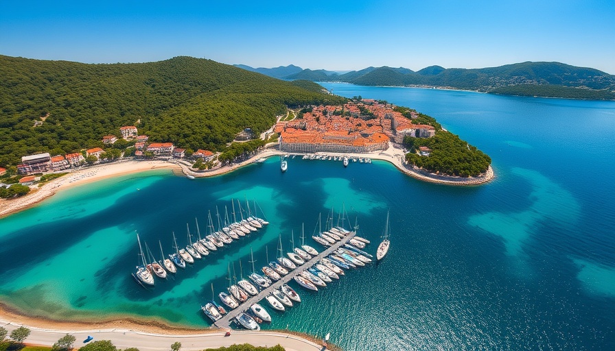 Aerial view of Croatian coast with turquoise waters and greenery, capturing Croatia tourism journey.