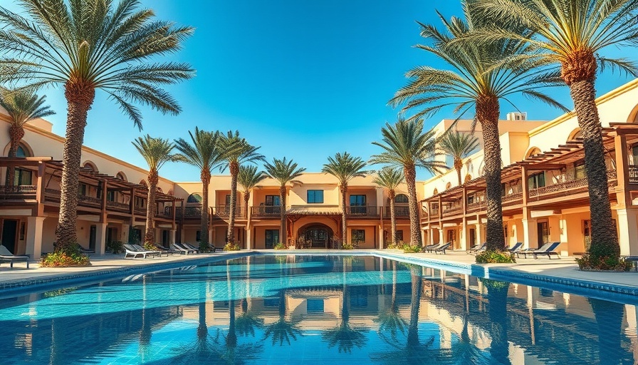 Peaceful poolside view of a fishing village hotel in Qatar.