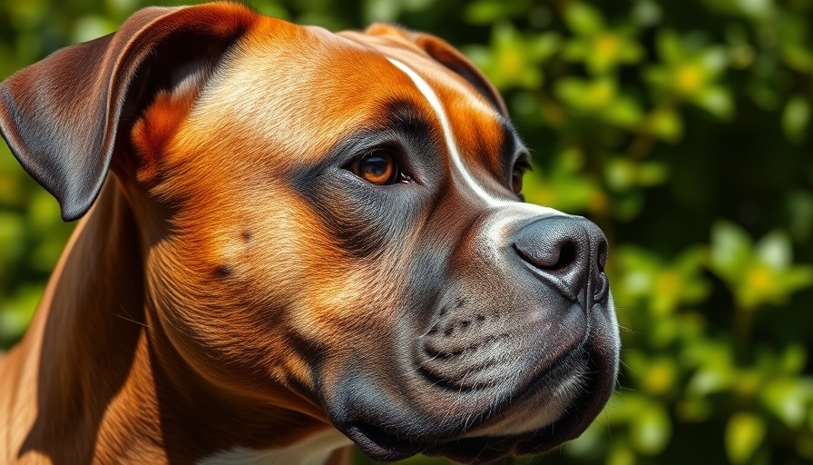 Thoughtful rescued Boxer dog gazing into the distance.
