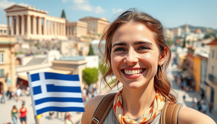 Moving to Greece: Woman smiling with Athens background and Greek flag.