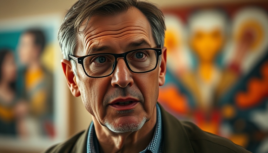 Middle-aged man speaking about EU Residency against a colorful background.