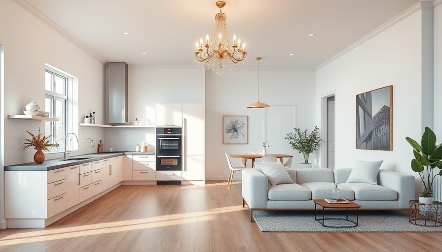 Modern kitchen and living room remodel with pastel decor, vibrant lighting.