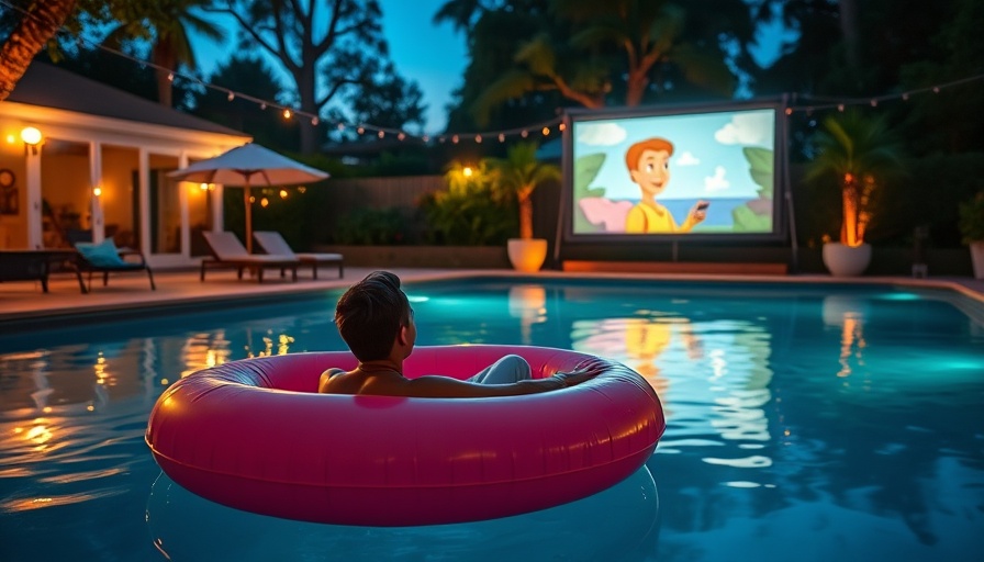 Outdoor movie night setup with pool reflections.