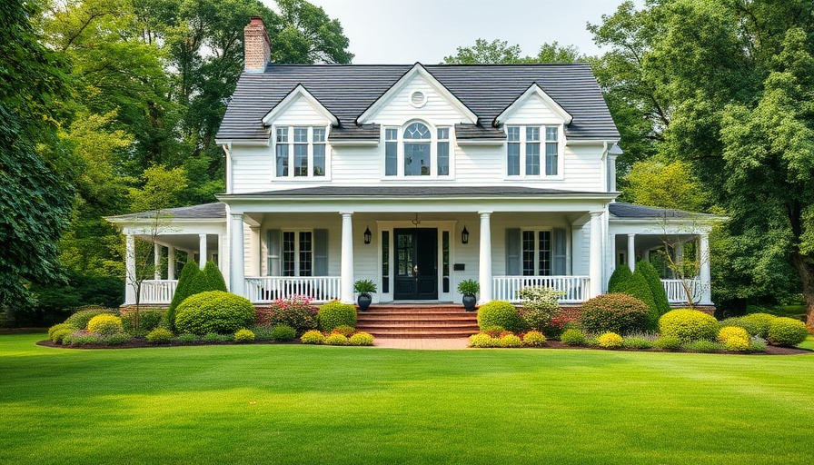 Colonial house with designer shingles roofing and lush greenery.