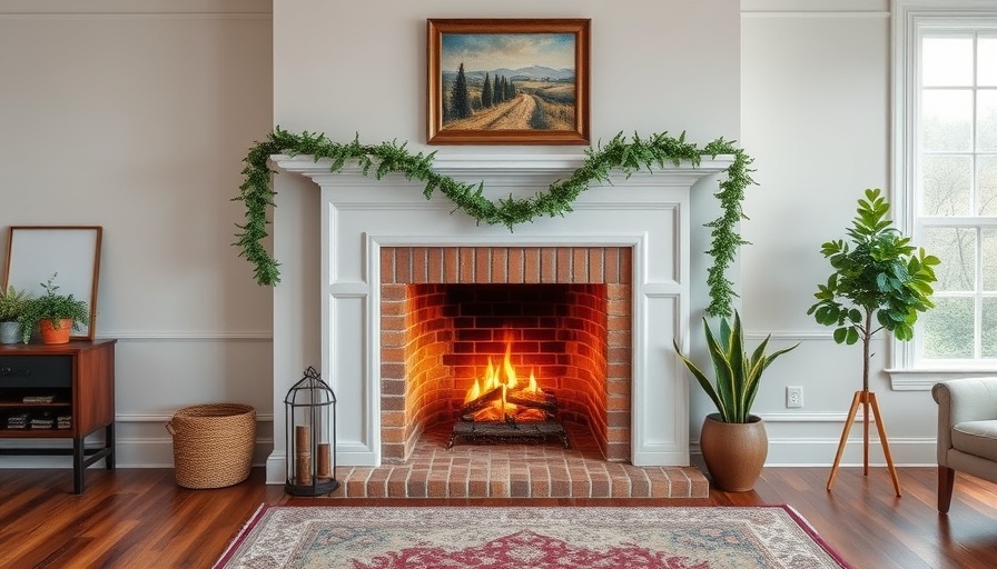 Elegant fireplace with DIY molding makeover, featuring festive garland and artwork.