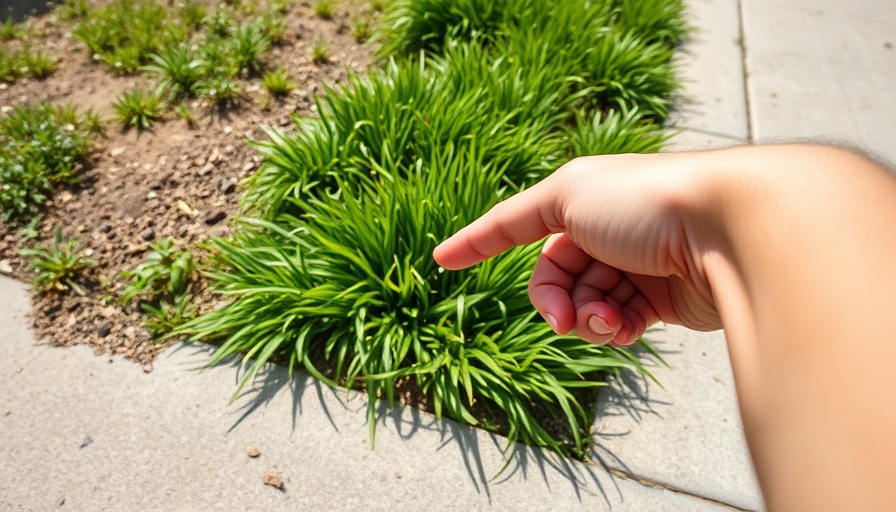 Hand pointing at weeds in new grass by sidewalk, when to kill weeds in new grass.