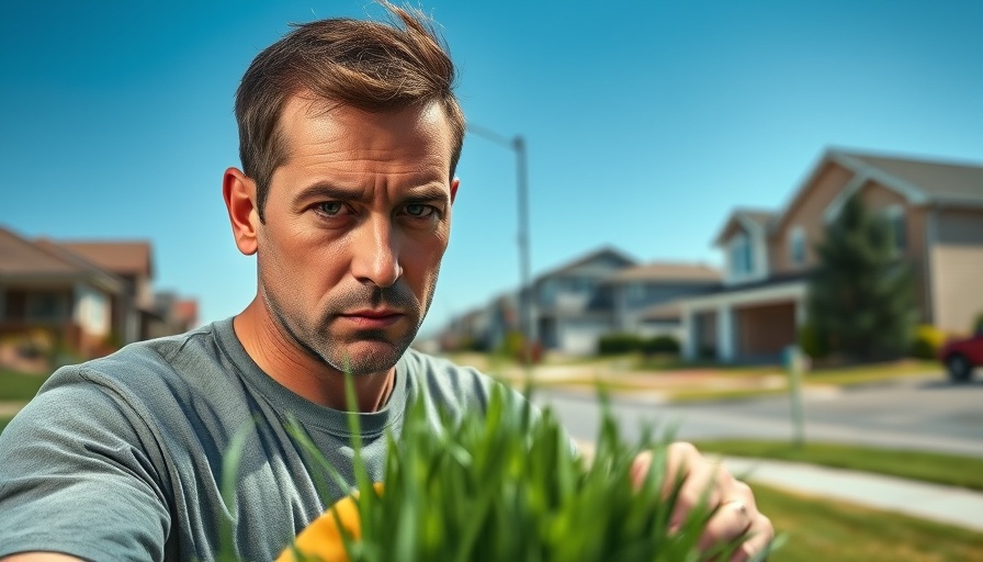 Man applying grass killer in suburban neighborhood, clear sky.