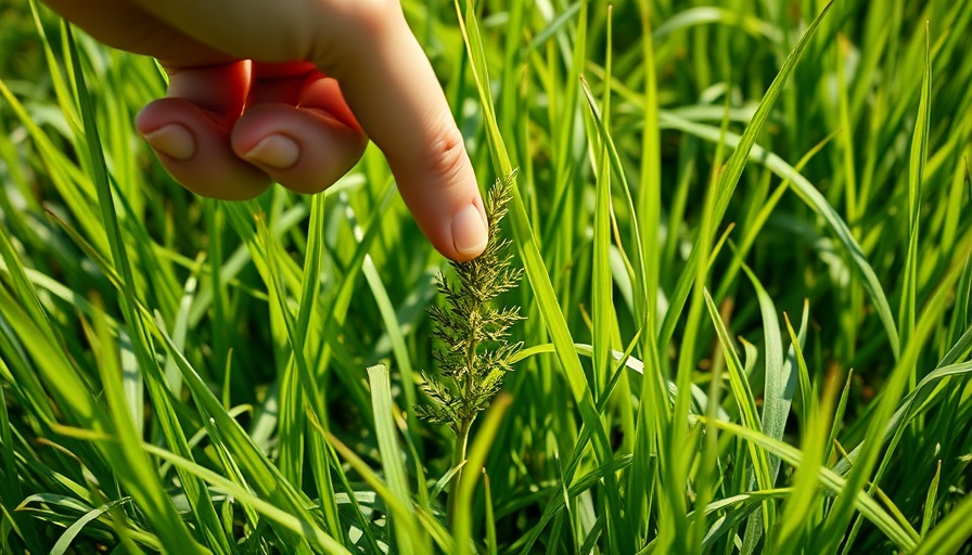 Hand pointing at weed in summer lawn, natural green grass, Avoid Killing Weeds in Summer Heat