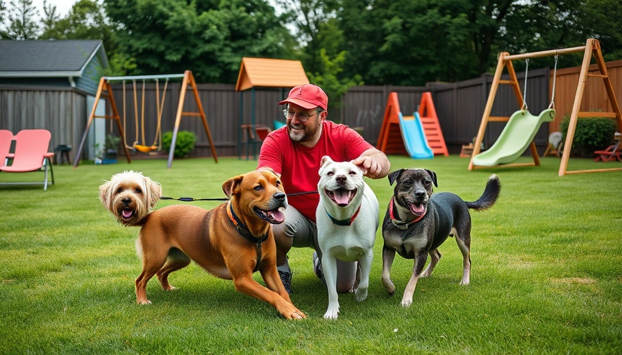 Man and dogs in backyard playground, highlighting lawn care mistakes in summer.