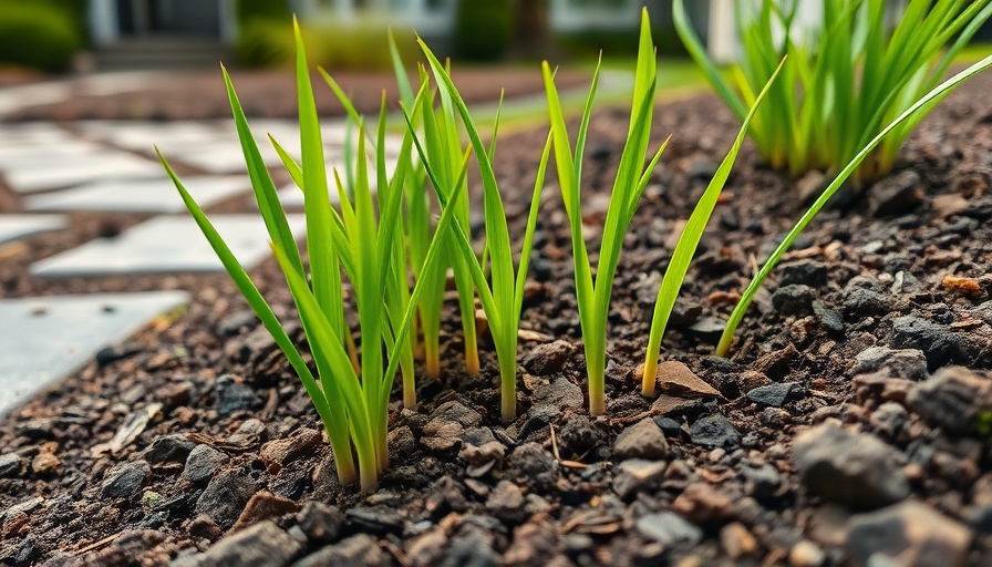Close-up of young warm season grass seedlings emerging from soil.