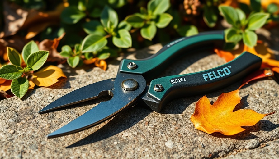 Close-up of Felco 322 affordable gardening snippers on stone with leaves.
