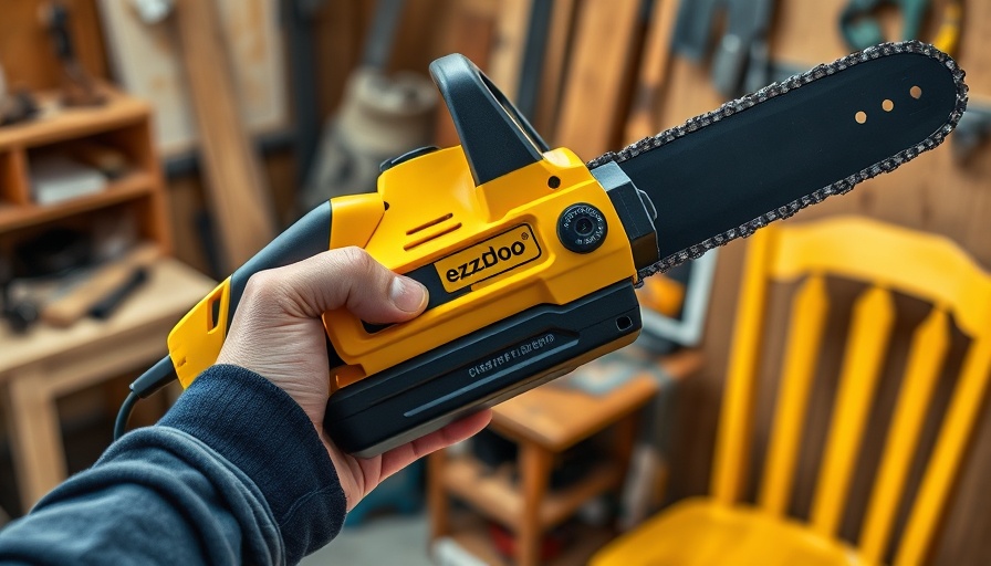 Hand holding EzzDoo electric chainsaw sharpener in workshop.