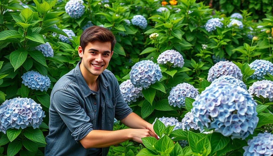 Pruning hydrangea paniculata with lush greenery in a garden.
