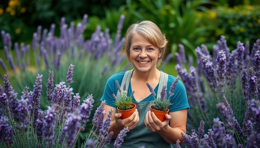 Gardener demonstrating lavender propagation in a vibrant garden.