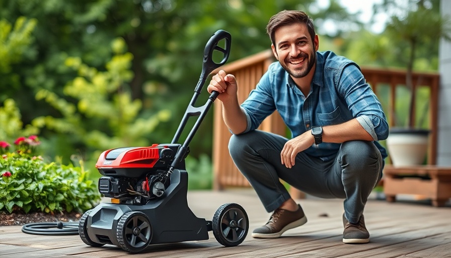 Man with GreenWorks 3000 PSI electric power washer outdoors.