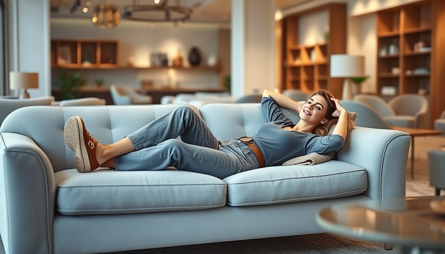 Designer dupe sofa IKEA displayed in a modern showroom with a relaxed woman.