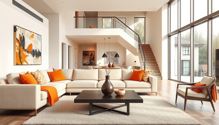 Modern living room design with orange accents and abstract art.
