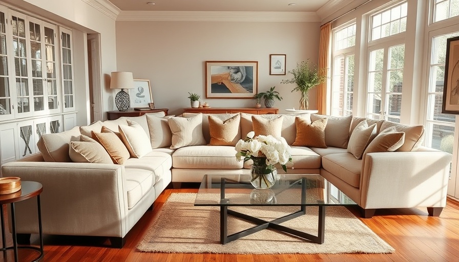Cozy traditional living room design with beige sofas and white flowers.