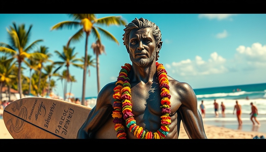 Duke Kahanamoku legacy statue on a beach with palm trees.