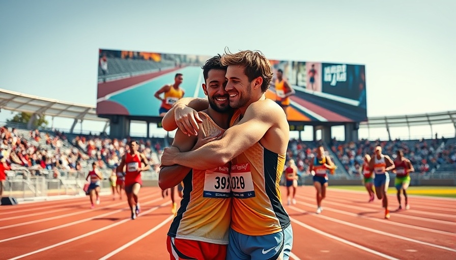 Austin Miller Men's Pole Vault Champion celebrating with a teammate on track.