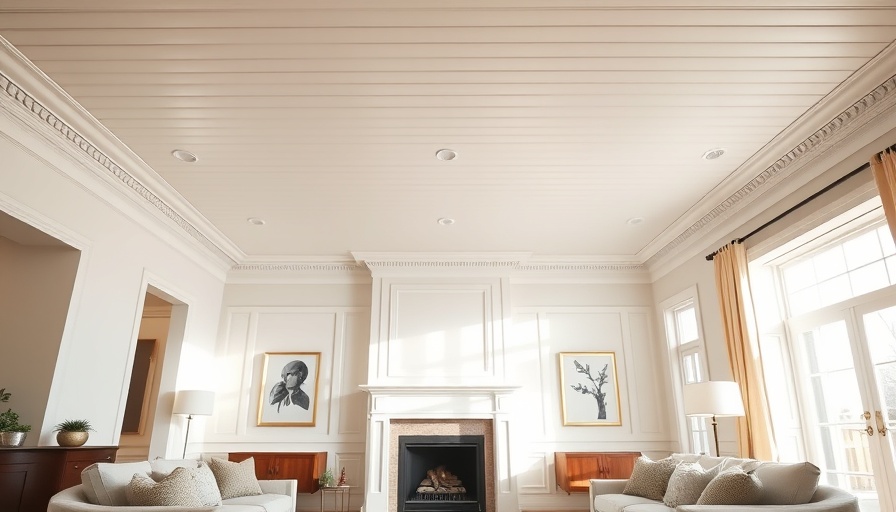 DIY shiplap ceiling with crown molding in a classic living room.