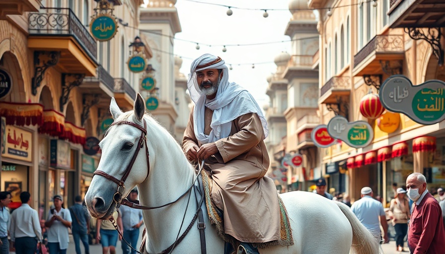 Traditional Qatari horseman in bustling marketplace scene