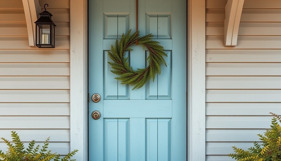 Early fall decorating ideas with a blue door adorned with fern wreath.