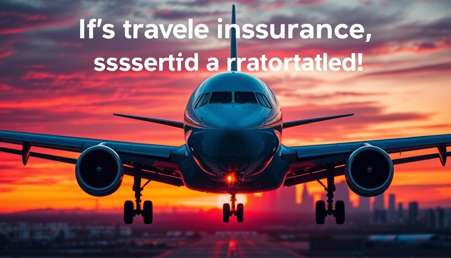Airplane takes off at sunset with travel insurance question overlay.