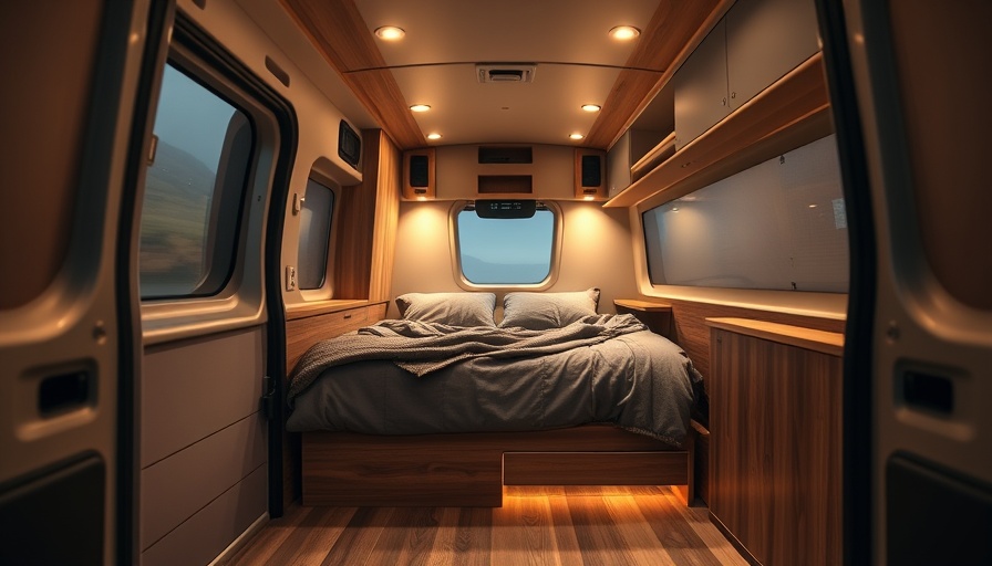 Compact bedroom setup in a modern cargo van interior.