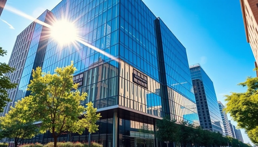 Modern office building in Qatar reflecting sunlight.